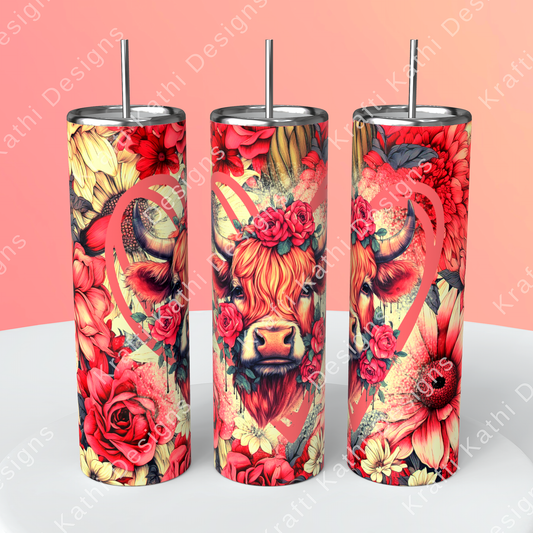 Highland Cow w/Flowers - 20oz Stainless Steel Tumbler