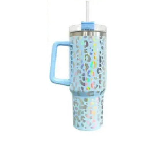 40oz Leopard Print Tumbler (Light Blue)