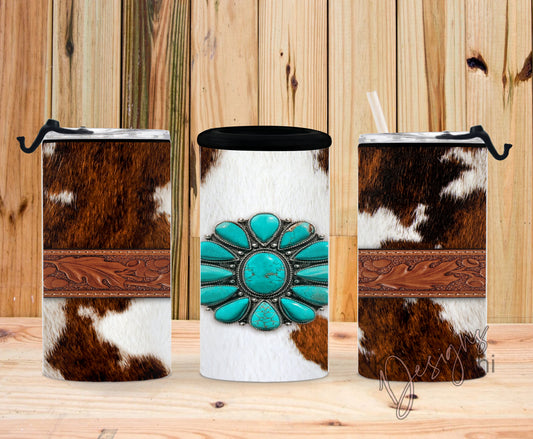 Brown Cow Print w/Turguoise Buckle 4-n-1 Can Cooler