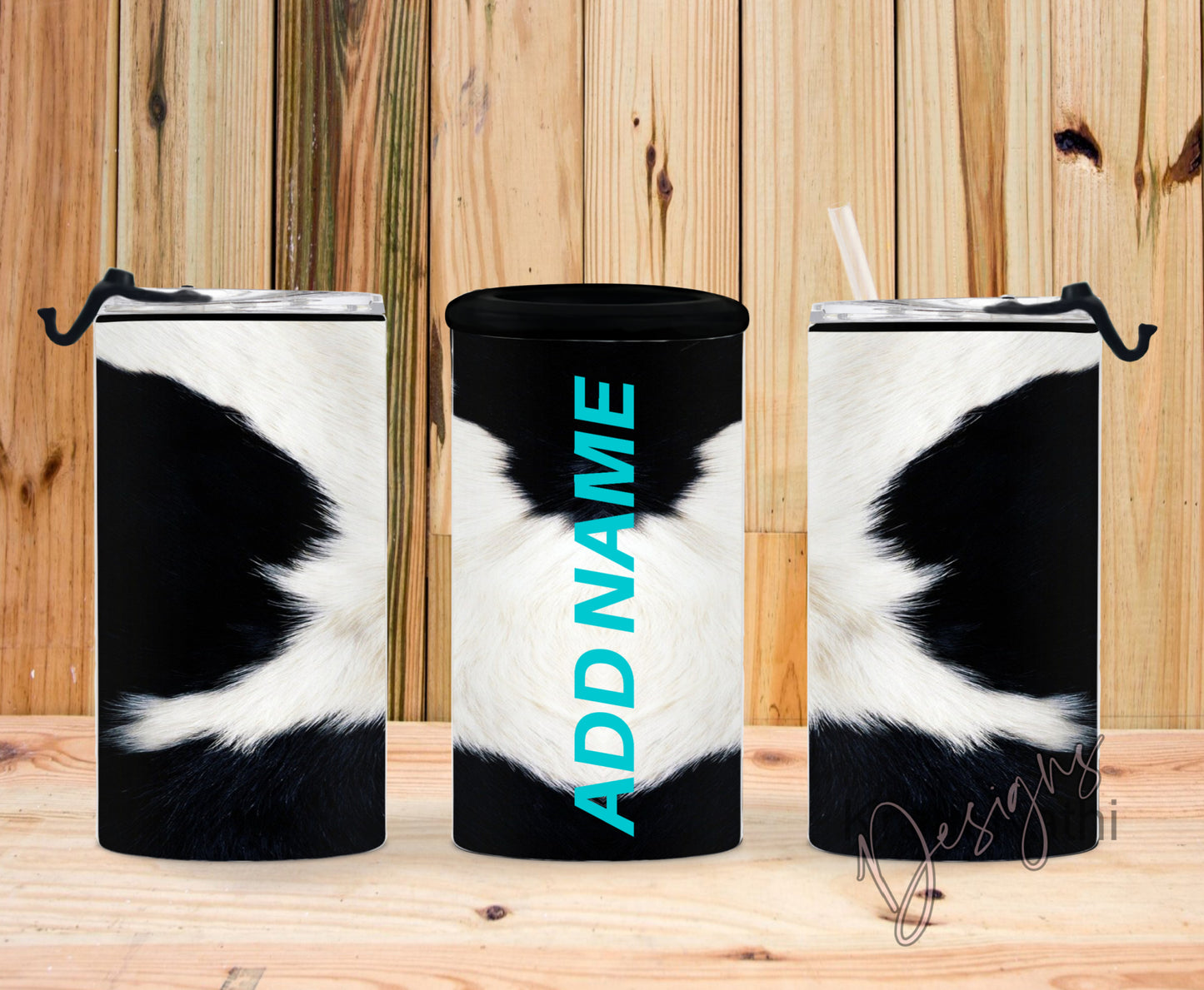 Black White Cow Hide (Name Optional) 4-n-1 Can Cooler